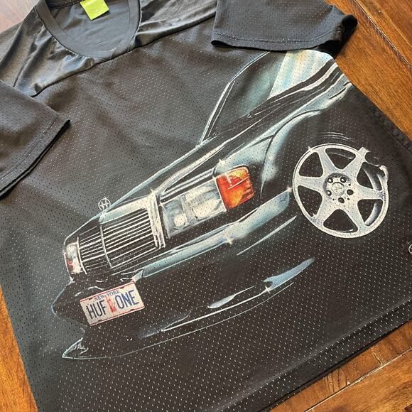 HUF Shirt Mens XL Black Mesh Jersey V-Neck Mercedes Car Graphic 20th Anniversary - Picture 3 of 9